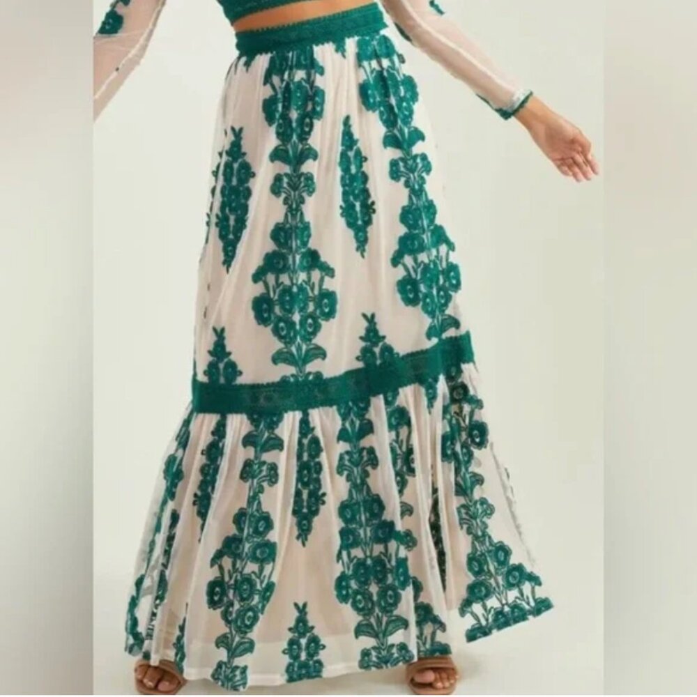 Altar’d State Arissa Green Lace Embroidered Maxi Skirt